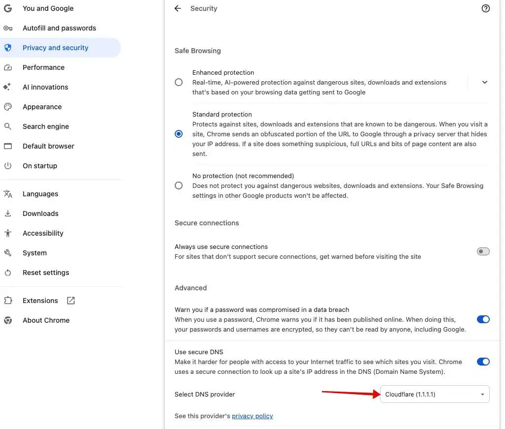 Select Cloudflare DNS provider